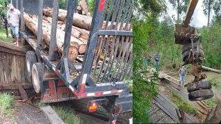 Vídeo: Ponte quebra com caminhão carregado de toras no interior de Dom Feliciano